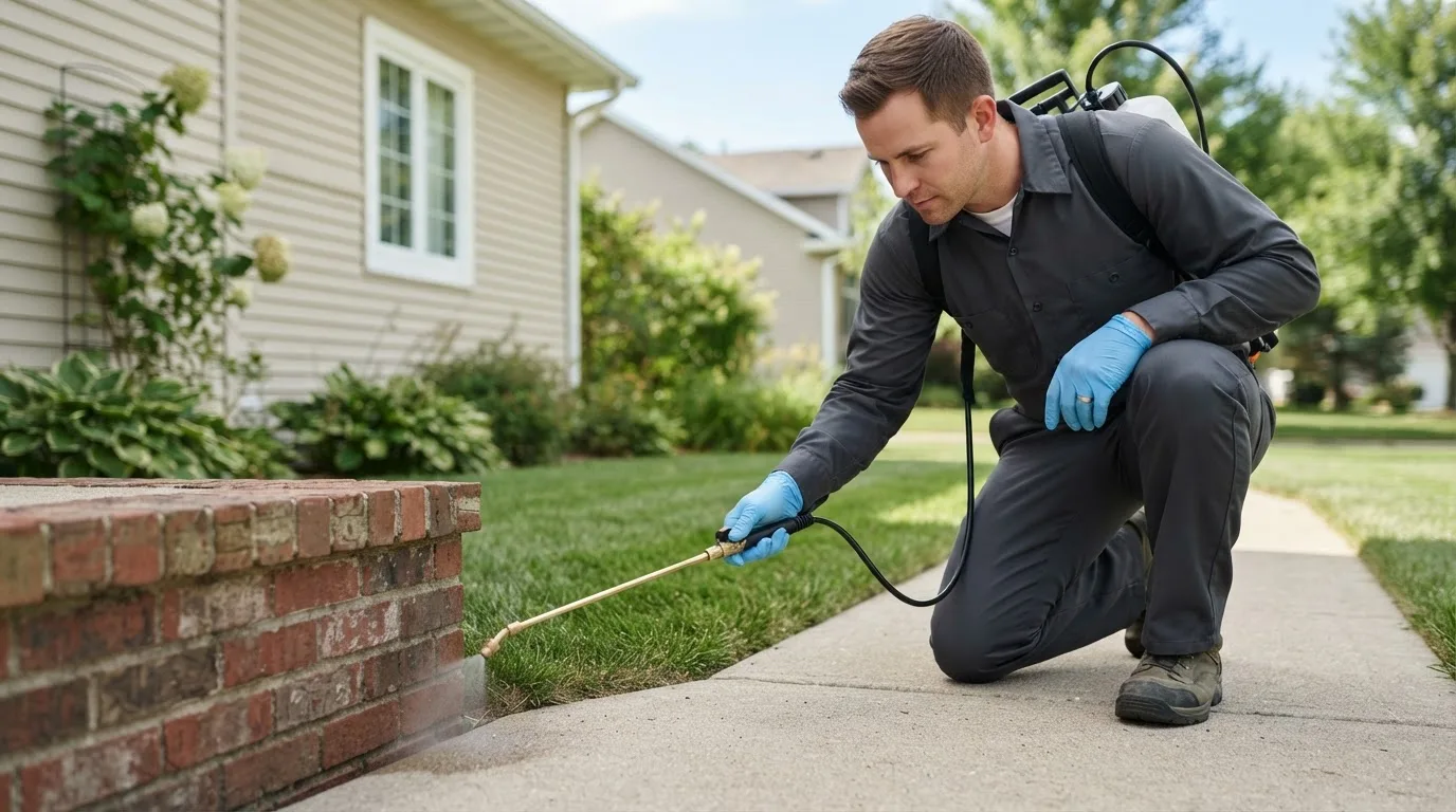 Pest control technician treating a home near Raymondville, MO