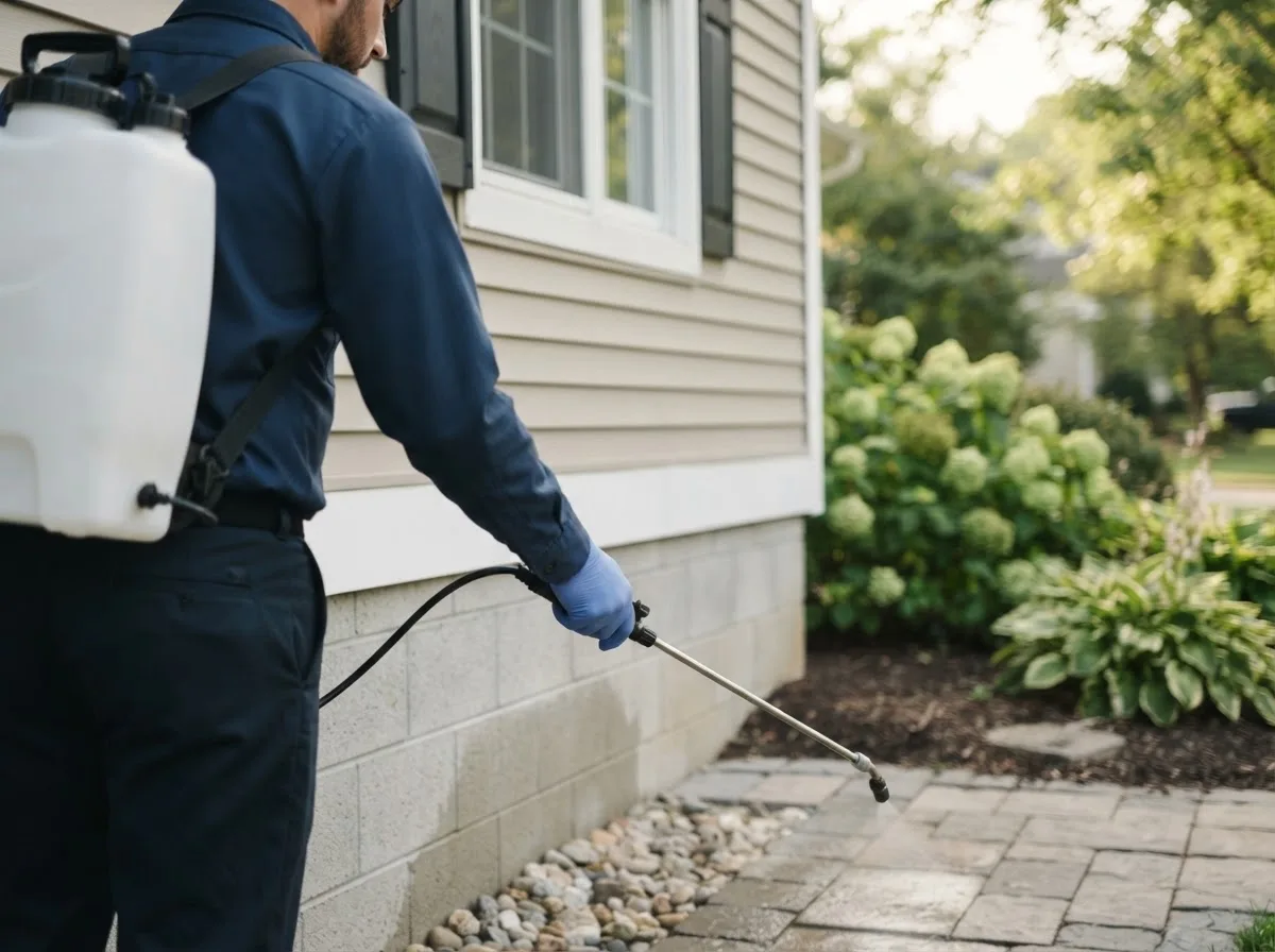 Pest control technician inspecting a home in Raymondville, MO